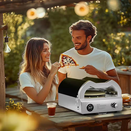 12 In. Propane Pizza Oven, Outdoor Pizza Oven in Black with Rotating Pizza Stone, Pizza Cutter and Glove